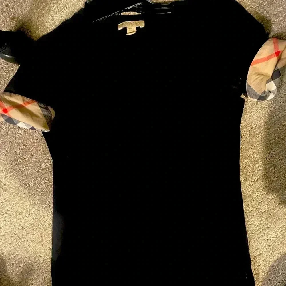 Burberry Black T-Shirt with Plaid Cuffs